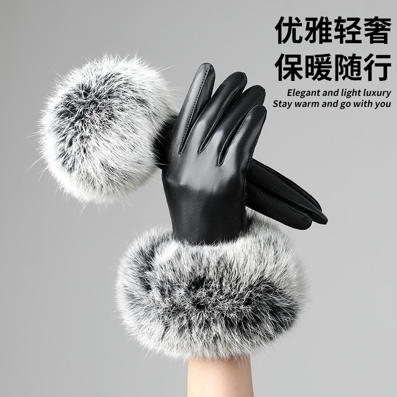 【HOT】秋冬季真皮女士羊皮手套大毛口兔毛加绒加厚保暖手套防风