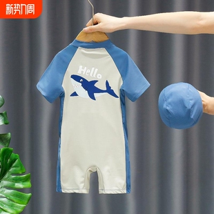 可爱鲨鱼防晒速干中小童海边度假套装 儿童泳衣男童连体短袖 夏季