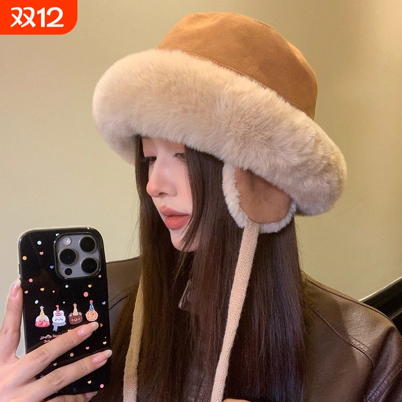 护耳帽子女秋冬毛绒渔夫帽加厚保暖棉帽骑车防风防寒雷锋帽红色