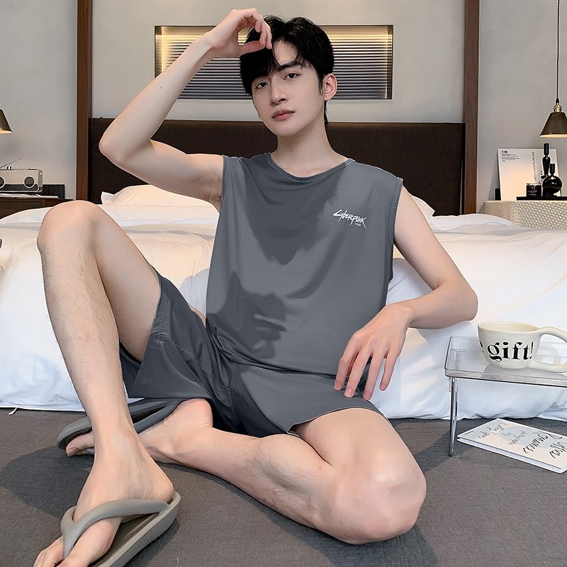 男款夏季莫代尔冰丝睡衣裤背心短裤套装薄款休闲加大码家居服夏