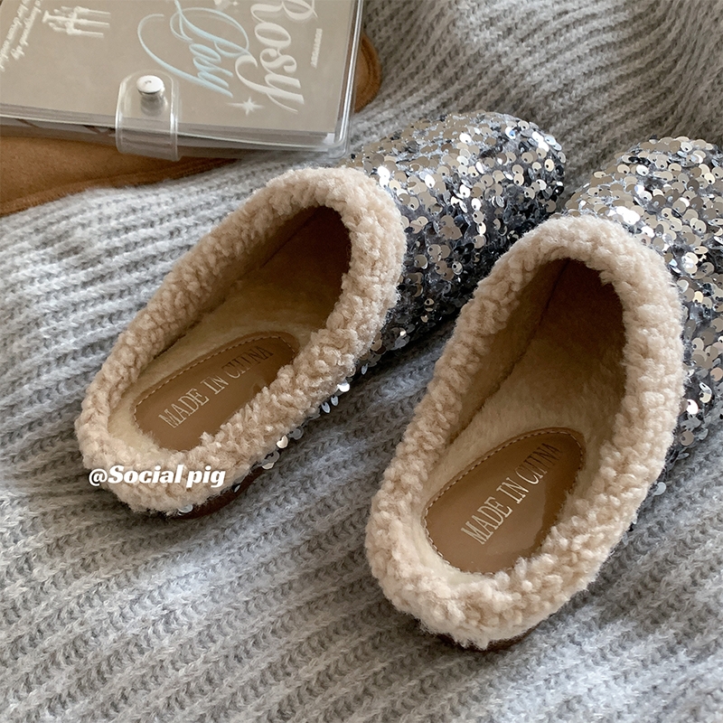 真的美哭了！亮片复古感十足 ！毛毛拖鞋女加绒保暖 平底棉拖鞋