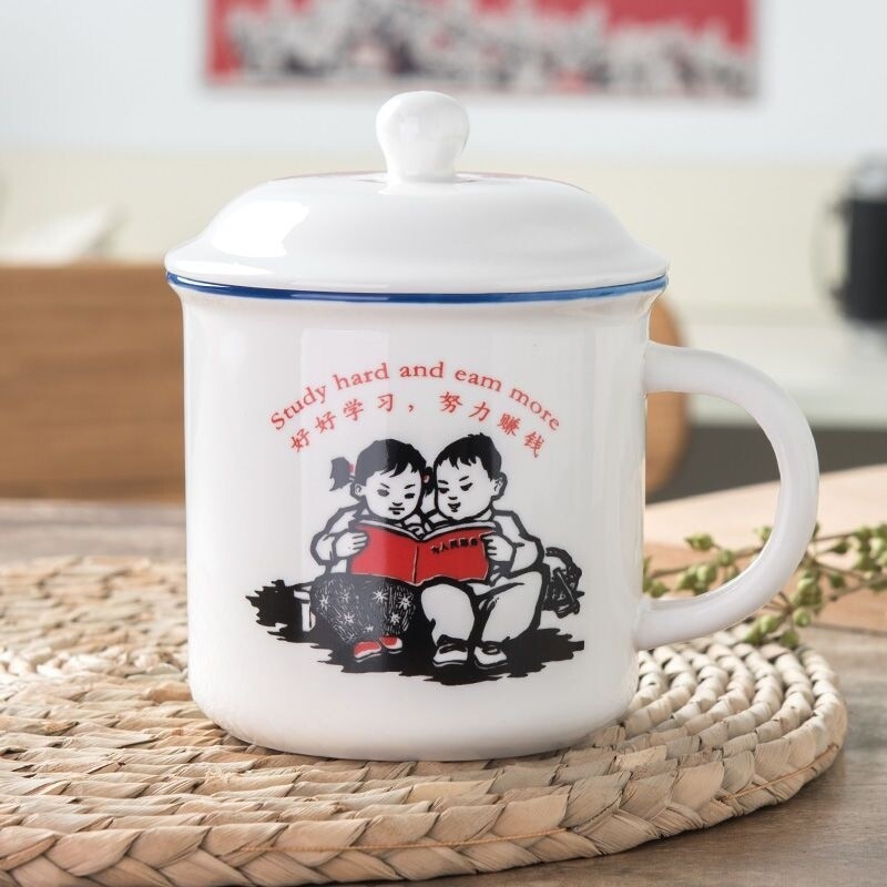 创意复古仿搪瓷家用陶瓷水杯可爱带盖卡通茶缸情侣大容量马克杯
