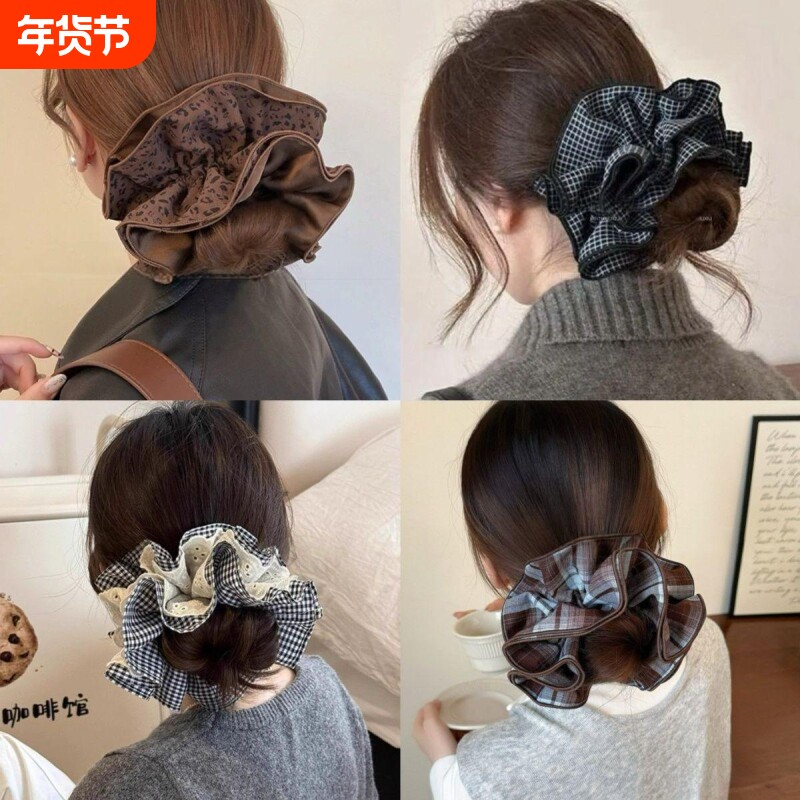 韩系格子蕾丝大肠发圈女豹纹风头花发绳超大丸子头发饰高级感头饰