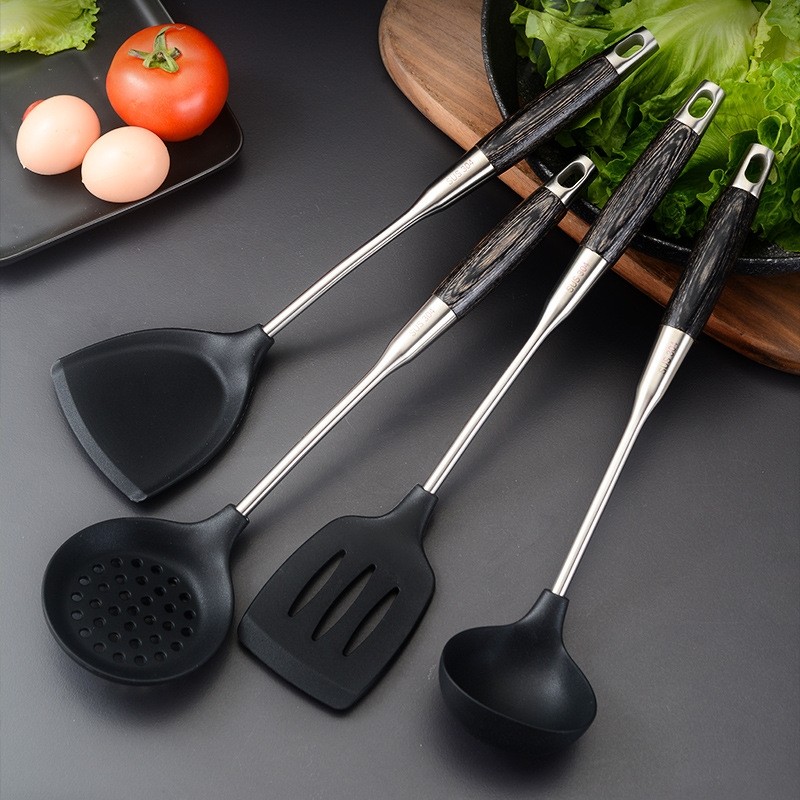 304不锈钢硅胶铲厨具套装不粘锅专用硅胶漏勺家用汤勺黑檀木炒铲