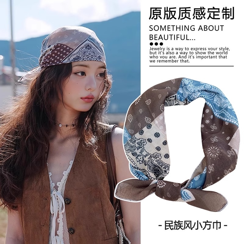 复古棉麻腰果丝巾女包头帽子旅游穿搭头巾发带百搭小方巾绑包围巾