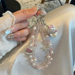 【天使kt】可爱粉色kt猫串珠手机链挂绳小众ccd相机挂件女钥匙扣