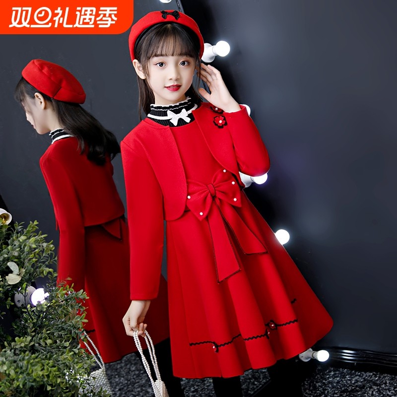 女童秋冬连衣裙新款韩版红色毛呢套装儿童公主裙洋气新年宝宝童装