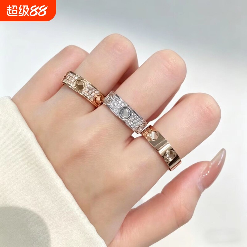 戒指女镀18K金love玫瑰金不掉色满天星尾戒女士情侣对戒黄金宽版