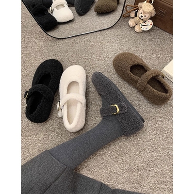 潮牌灰色玛丽珍毛毛鞋女冬外穿新款呢子单鞋女平底加绒保暖棉鞋子