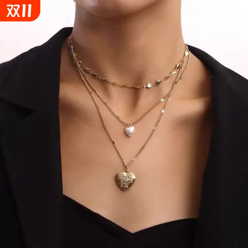 欧美爱心珍珠项链女甜酷风多层叠戴气质颈链复古个性桃心锁骨链潮