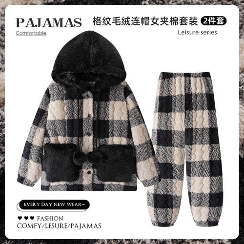 冬季珊瑚绒睡衣女三层夹棉可外穿