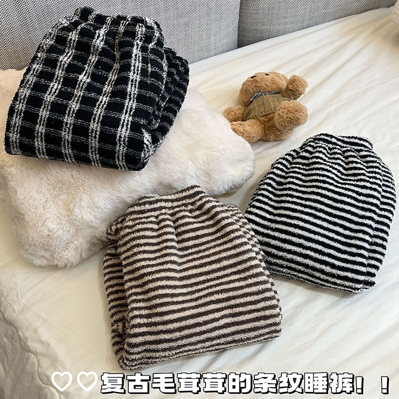 简约休闲条纹亲肤半边绒睡裤女款秋冬季新款冬天加绒保暖家居裤子