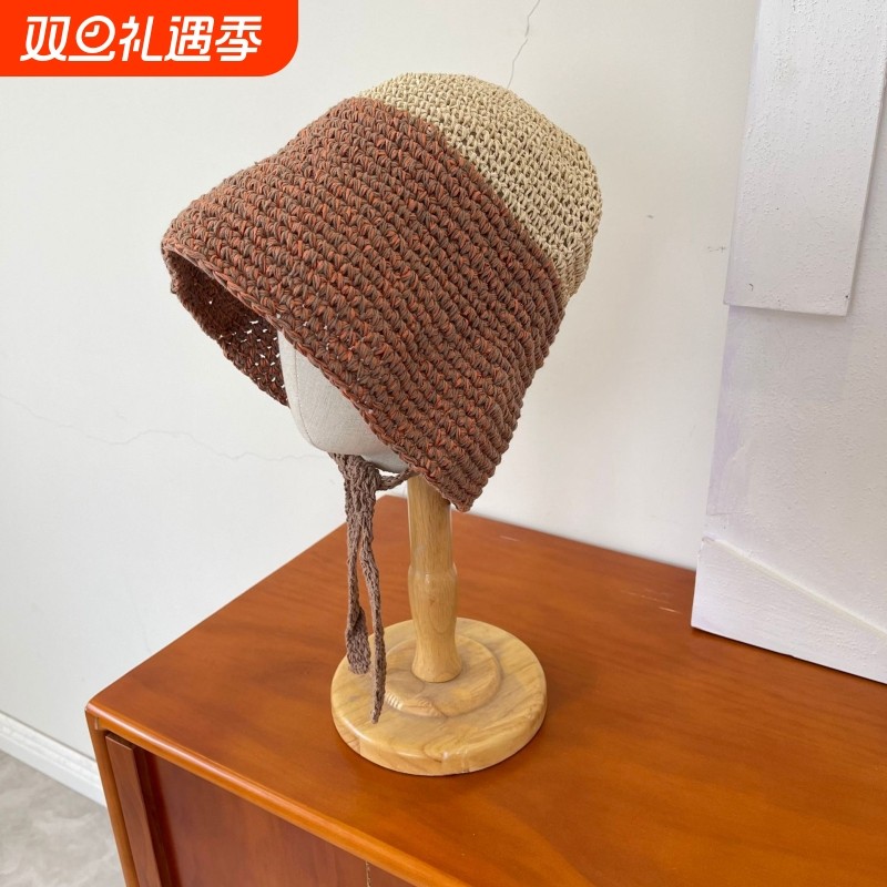 【新品】日系小众ins撞色系带渔夫帽子女夏季镂空透气盆帽防晒草
