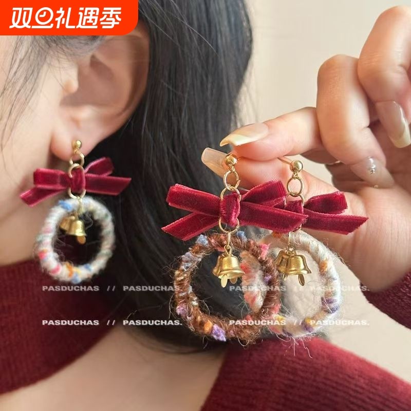 铃儿响叮铛圣诞节复古铃铛耳环红色耳钉蝴蝶结毛绒秋冬氛围耳夹