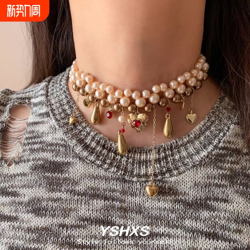 金色复古多层流苏珍珠项链女金属重工爱心水滴吊坠波西米亚颈链