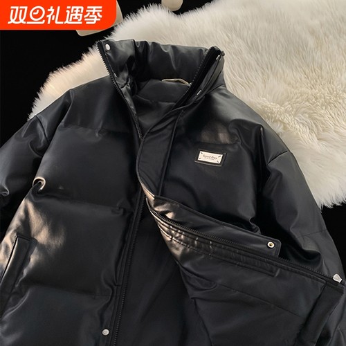 户外冬季PU皮羽绒服潮流立领加厚面包服短款皮棉衣情侣装黑色皮衣