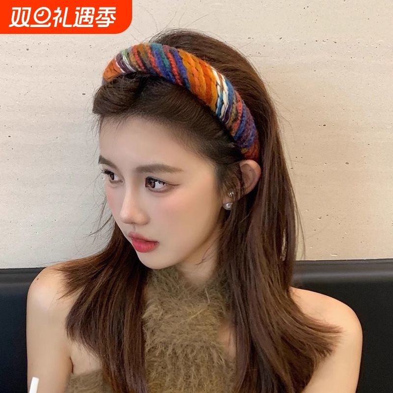 焦糖美拉德发箍女彩虹色毛线编织宽边头箍压发发卡高级感秋冬发饰