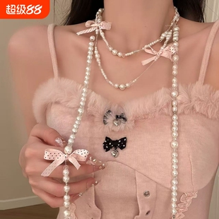 【名伶千金】小香风粉色蝴蝶结珍珠项链长款叠戴锁骨链毛衣链颈链
