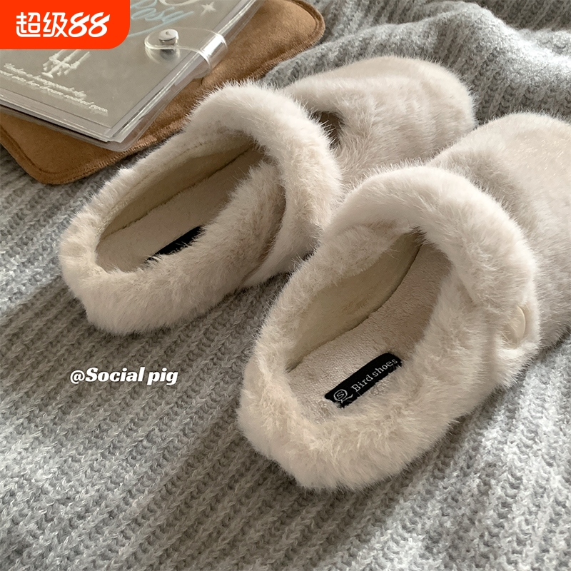 ~加绒毛毛鞋女外穿秋冬季懒人鞋豆豆棉鞋玛丽珍单鞋平底中跟