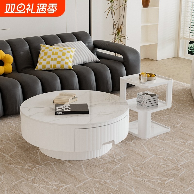 可移动带抽屉圆形岩板茶几奶油风现代极简设计小户型客厅沙发边桌