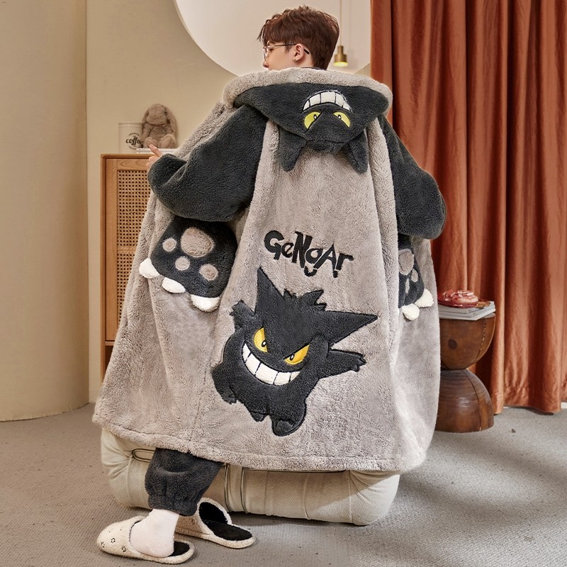 秋冬珊瑚绒睡衣男士睡袍加绒加厚青少年男生式冬天浴袍家居服印花