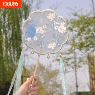 中国风刺绣团扇舞蹈扇古典舞扇子汉服拍照长柄团扇子蝴蝶荷花桃花