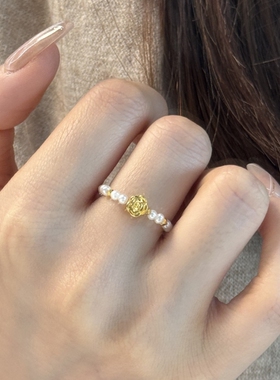 新中式金色玫瑰戒指女小众时尚轻奢温柔优雅气质高级感仿珍珠指环