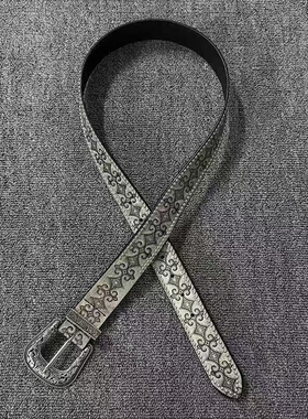 Vintage西部铆钉红色皮带腰带银色复古雕花金属扣头小众设计皮带