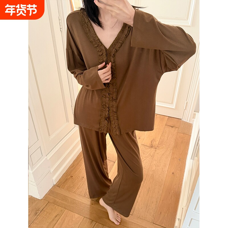 睡衣女款春秋季棉绸长袖宽松大码女士高级感木耳边薄款家居服套装