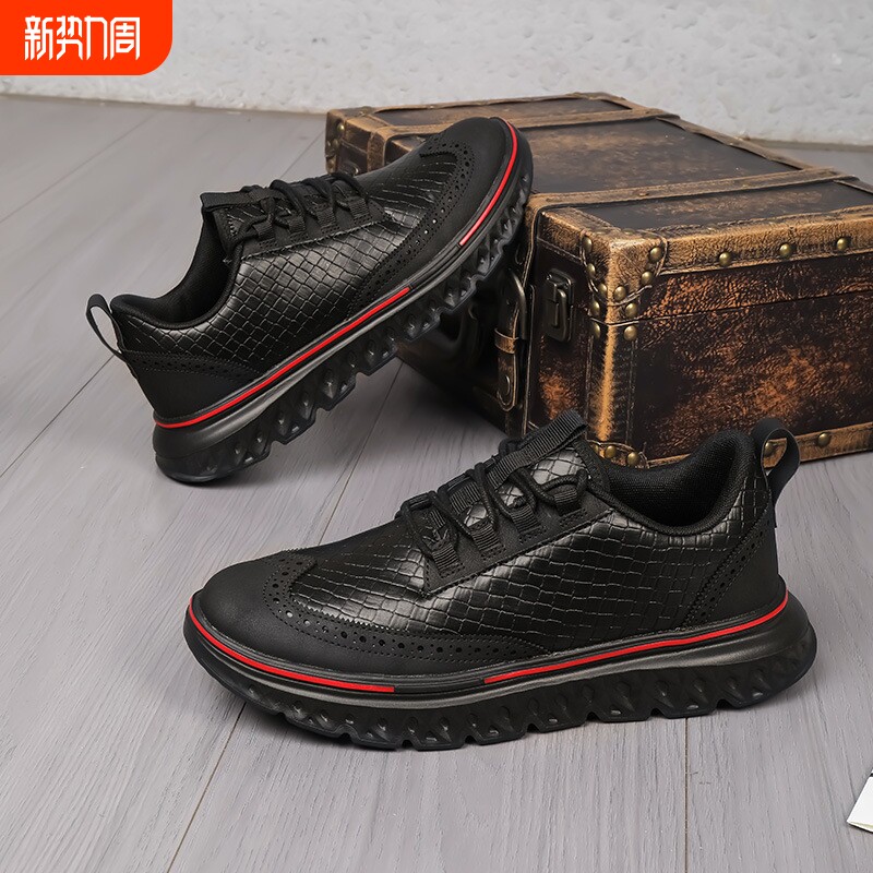 透气编织纹男士休闲鞋 复古布洛克雕花鞋面 系带潮流鞋百搭商务鞋