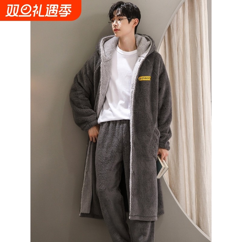 红豆睡袍男秋冬加厚长款珊瑚绒情侣睡衣女可爱卡通法兰绒浴袍休闲