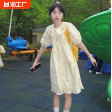 夏日系甜美可爱卡通刺绣泡泡袖娃娃领连衣裙学生宽松小个子裙印花