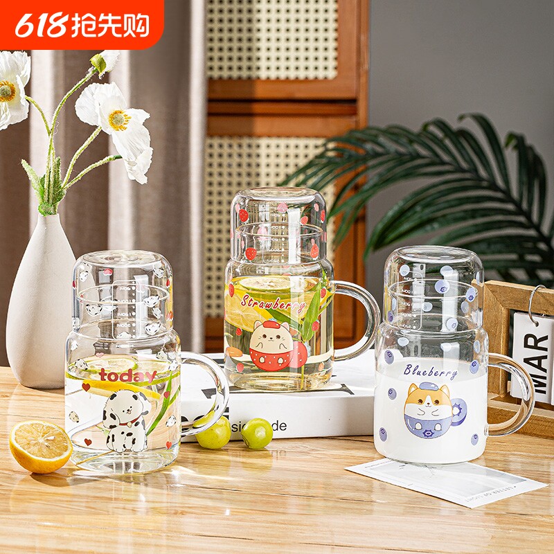 弗莱文茨玻璃杯把手高颜值网红带盖家用水壶一壶一杯凉水壶高硼硅