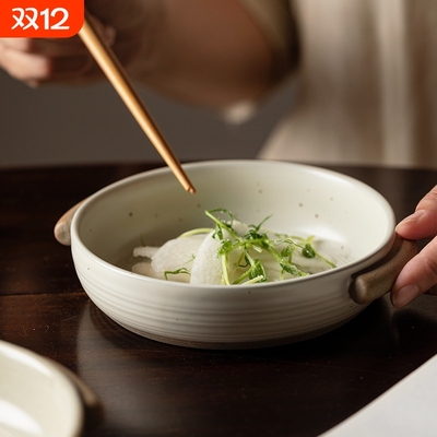 日式复古粗陶餐具双耳烤盘汤盘深盘陶瓷家用商用西餐盘子沙拉菜盘