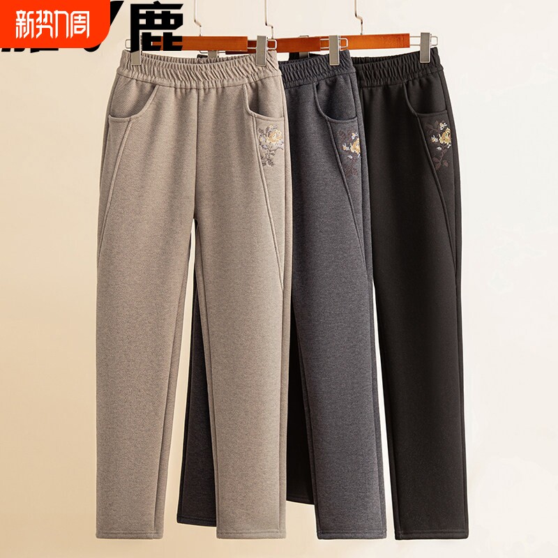中老年人裤子女秋冬妈妈裤加绒加厚休闲裤奶奶冬款大码直筒裤黑色