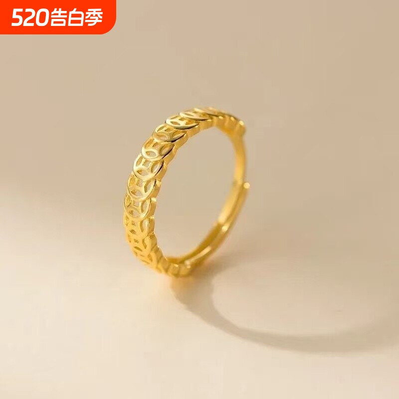复古金色镂空铜钱戒指女旺财食指戒可调节新款爆款指环小众设计