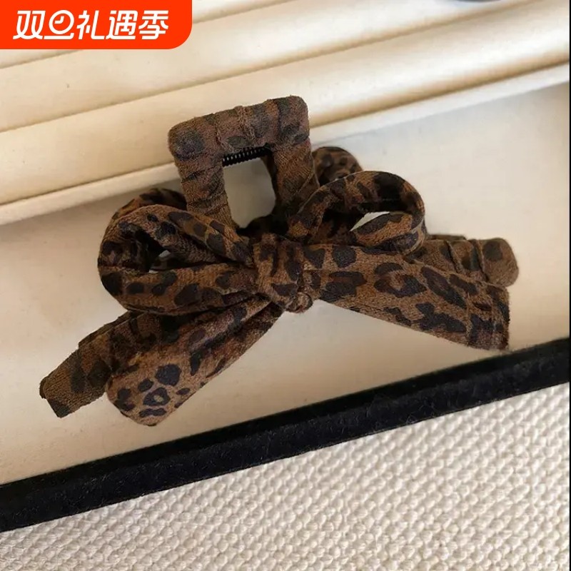 安九拉秋冬豹纹蝴蝶结抓夹鲨鱼夹气质复古后脑勺发夹百搭