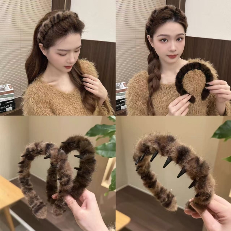 秋冬新款毛绒豹纹带齿防滑发箍洗脸化妆敷面膜头箍发卡高颅顶貂毛