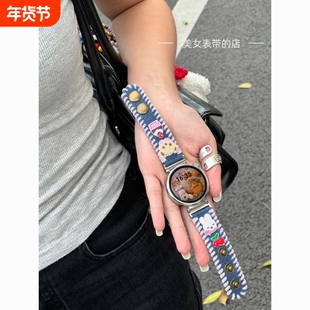 翔霖小熊兔子适用华为手表gt5表带纽扣牛仔皮质可爱gt6/4刺绣watch3秋冬克莱因蓝帆布18mm41mm智能运动配件
