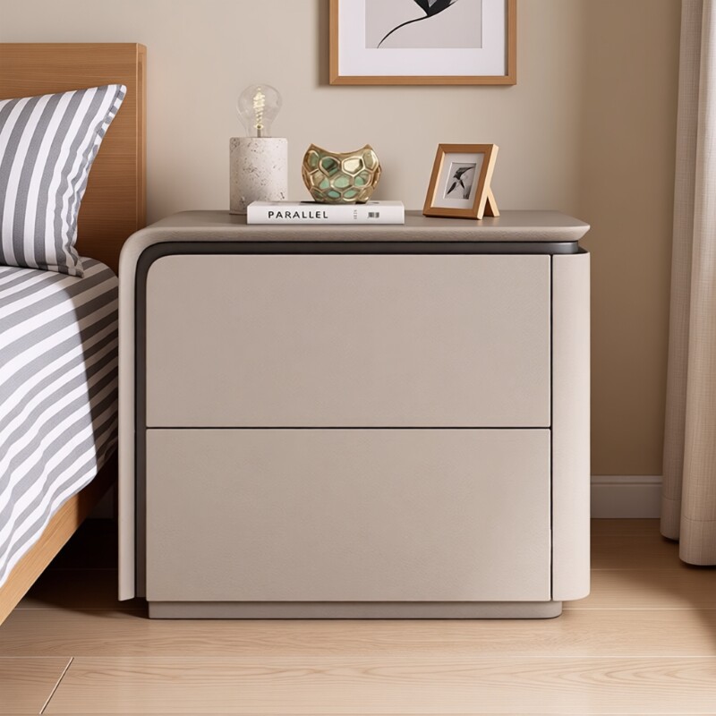 简约奶油轻奢实木皮质床头柜卧室高级新款收纳柜免安装抽屉意式