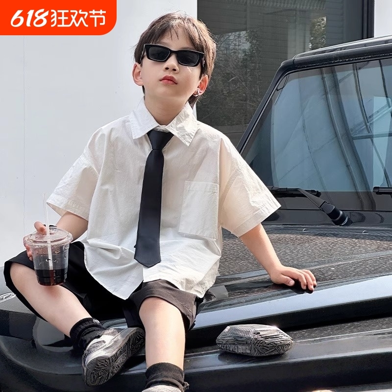 儿童夏装男童套装宝宝2025夏季新款白衬衫主持人花童礼服表演服