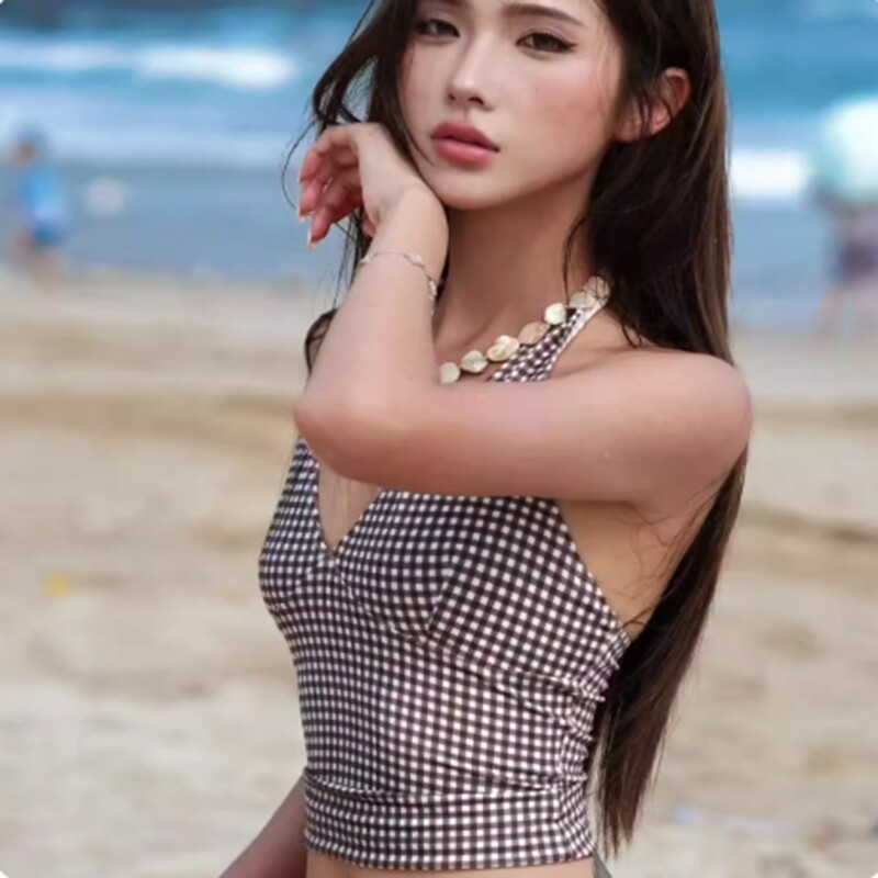 泰国性感辣妹格子挂脖比基尼系带分体泳衣时尚显瘦温泉度假两件套