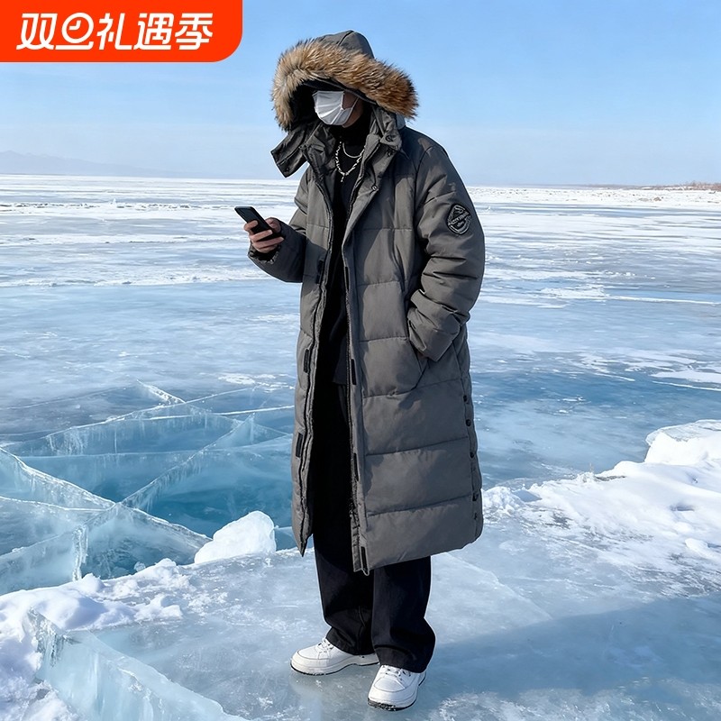 羽绒服男士中长款过膝2025新款加厚大毛领冬季大码户外白鸭绒外套
