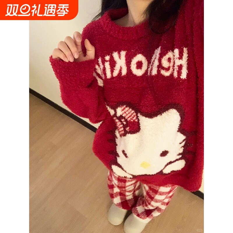 冬季长袖加绒加厚珊瑚绒睡衣女款