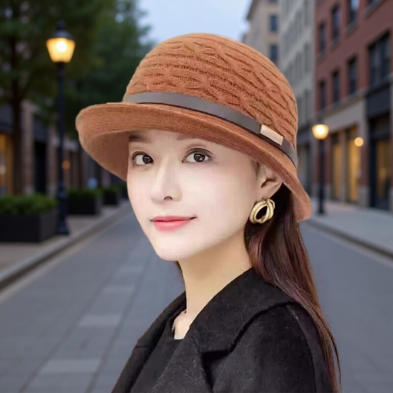 日系针织卷边小礼帽渔夫帽子女秋冬复古百搭英伦名媛圆顶盆帽韩版