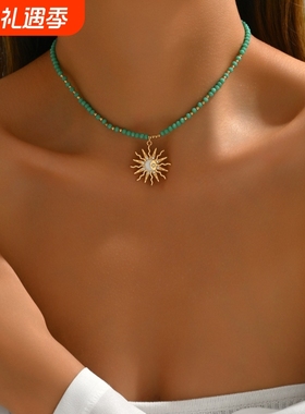 新款热销时尚水晶串珠项链日月合金滴油满钻不规则金属风项链