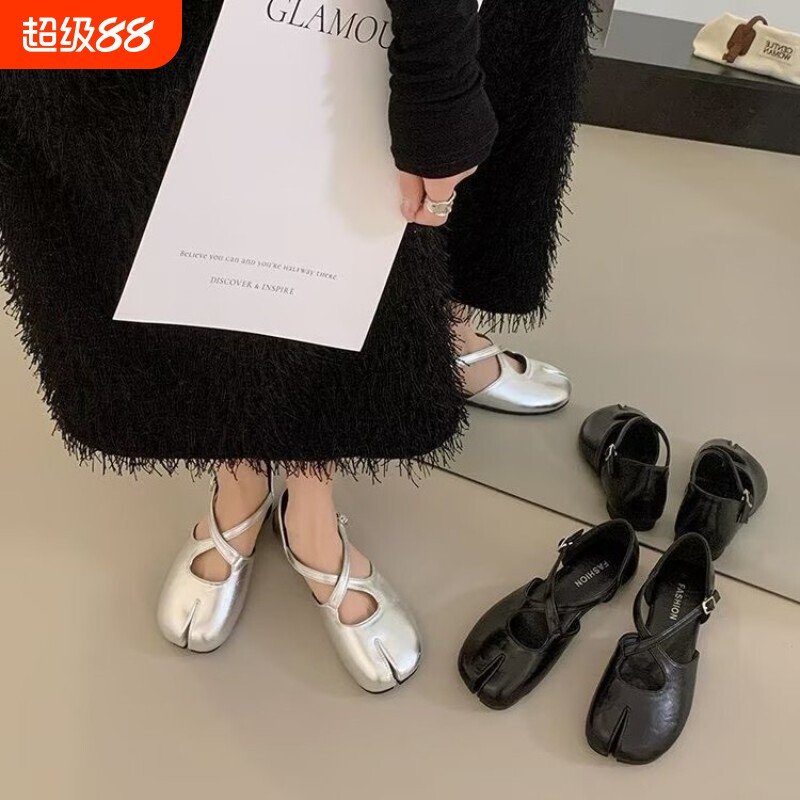 意尔康心选法式银色分趾玛丽珍鞋女款2026新款夏季镂空包头凉鞋平图片