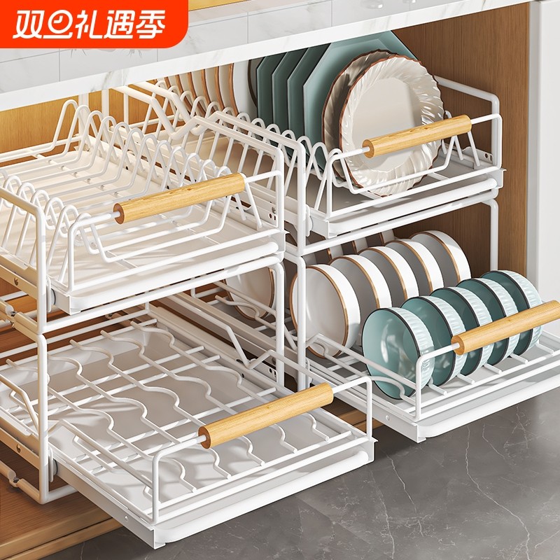 厨房碗碟收纳架橱柜内置物架抽屉式拉篮抽拉碗篮碗盘沥水碗架碗柜