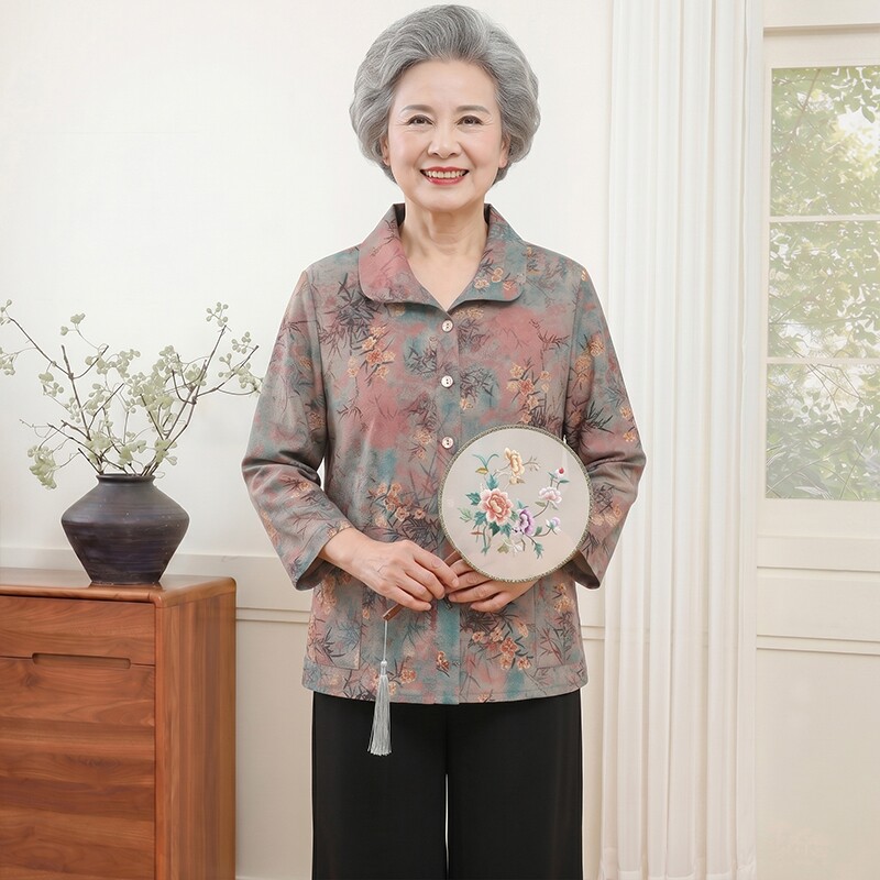 奶奶夏季九分袖衬衫妈妈女装上衣薄外套中老年人时尚休闲衣服衬衣