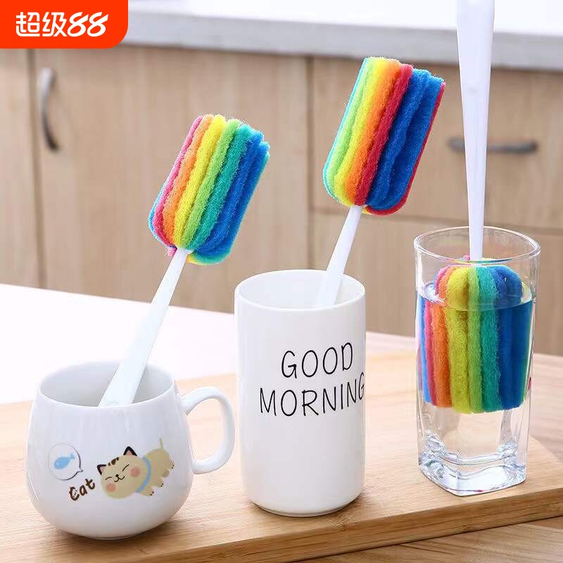 七彩长柄百洁布杯刷洗杯子海绵刷清洁玻璃奶瓶刷子神器刷子刷杯器图片
